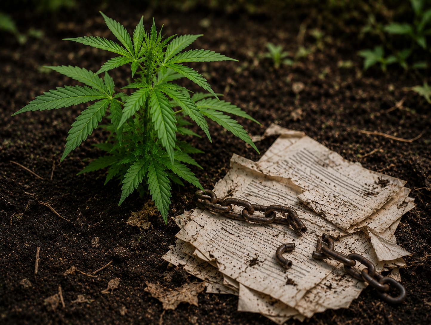Hemp plant in soil with a broken chain and scattered legal documents, symbolising freedom through compliance