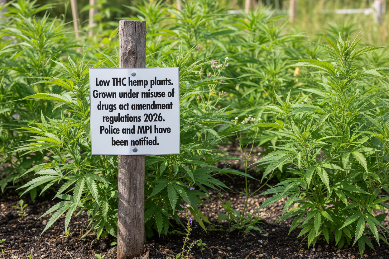 Low THC Hemp Garden Sign on Wooden Stake