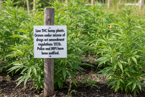 Low THC Hemp Garden Sign on Wooden Stake